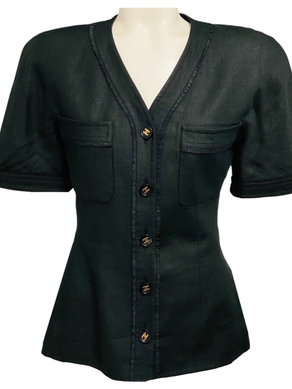 CHANEL BOUTIQUE VINTAGE 1994 BLACK / GOLD CC LOGO BUTTON SHORT SLEEVED SILK LINE